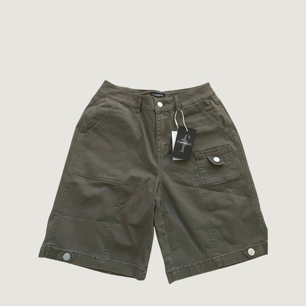 Flamingals Womens Bermuda Shorts Mocha Brown Cargo Utility Cotton Spandex XS NEW